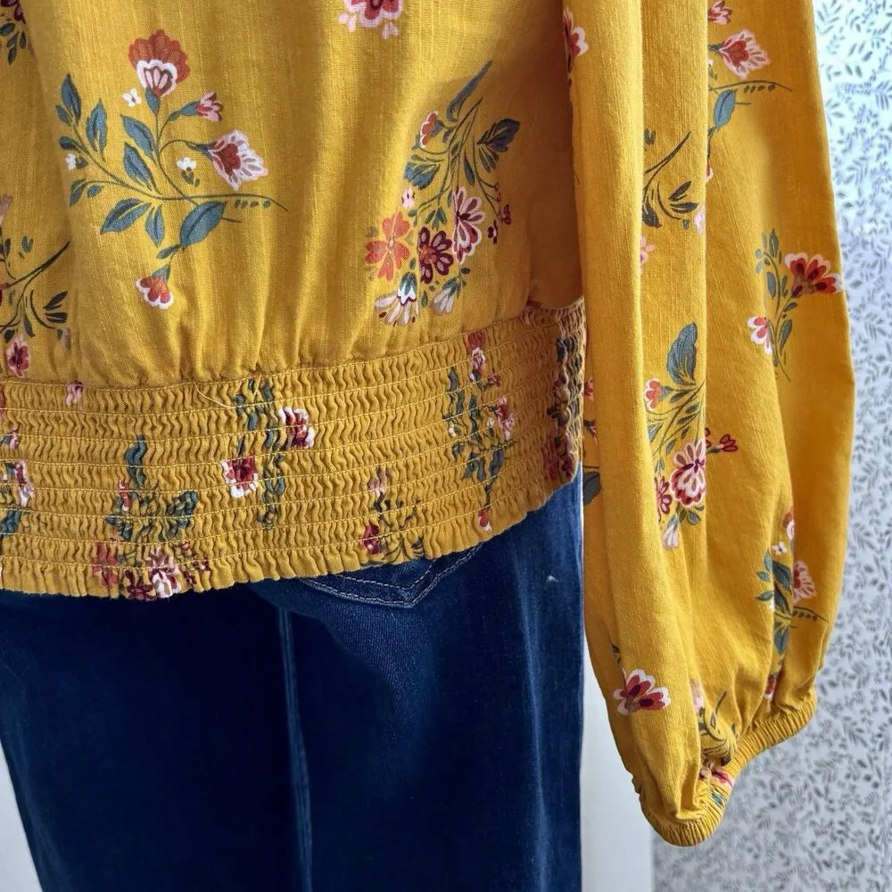 St Johns Bay Womens L Mustard Floral Blouse Surplice Smocked Hem Long Sleeve